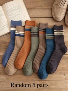 1/5/10 Pairs Men's Casual Solid Color Striped Mid-Calf Socks, Odor-Resistant, Moisture-Wicking, Breathable, Comfortable Crew Socks, Men's Short Socks - Multicolor - View 9