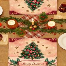 4 Pcs Vintage Pink Christmas Tree Placemats Holly Berry Snowflake Merry Christmas Table Mats For Holiday Dining Table Decor - Pink - View 10