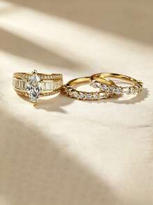 3PCS Women's Stackable Fashion Sparkling Exquisite Combination Rings, Marquise Zirconia Main Ring Paired With Trapezoid Cut Inlaid Side Rings, Light Luxury Bridal Style Jewelry, Suitable For Ceremonies, Dates And Daily Wear, Romantic Holiday Gift For Her - Fashion - View 10