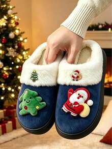 Women's Cute Christmas Atmosphere Thermal Slippers, Non-Slip Warm Comfortable Soft Sole With Thermal Lining, Couple Matching Style, Home Thermal Slippers, Autumn/Winter Essential - Dark Blue - View 5