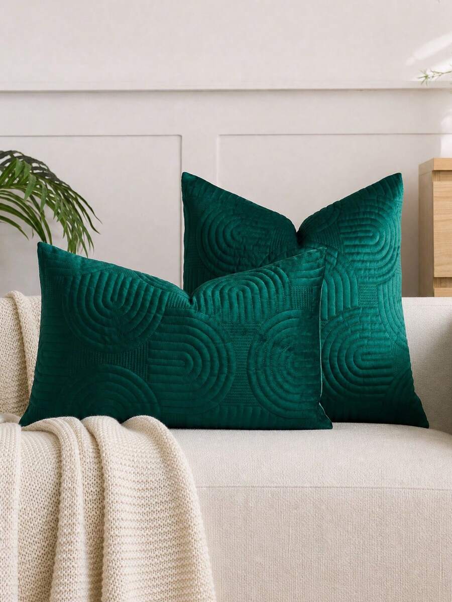 1/2 Pcs Plush Plush Decorative Throw Pillow Cover, Geometric Quilted Cushion Cover, Fluffy Soft Solid Color Rectangular Pillow Sham - Green - View 1