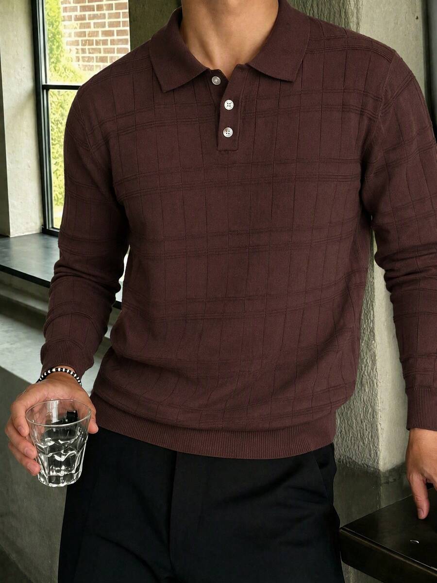 Men's Autumn/Winter Fashion Versatile Solid Color Casual Plaid Collar Long Sleeve Sweater Suitable For Daily Commute - Brown - View 1