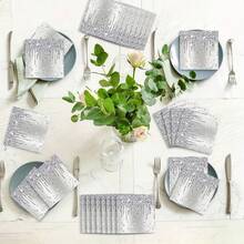 20/40/60/100 Pcs Silver Glitter Drip Diamond Paper Cocktail Napkins, 2-Ply Metallic Silver Sequin Dripping Glitter Rhinestone Printed Disposable Napkins, Glossy Diamond Pattern Cocktail Napkins, For Wedding Anniversary Birthday Party Tableware - Multicolor - View 2