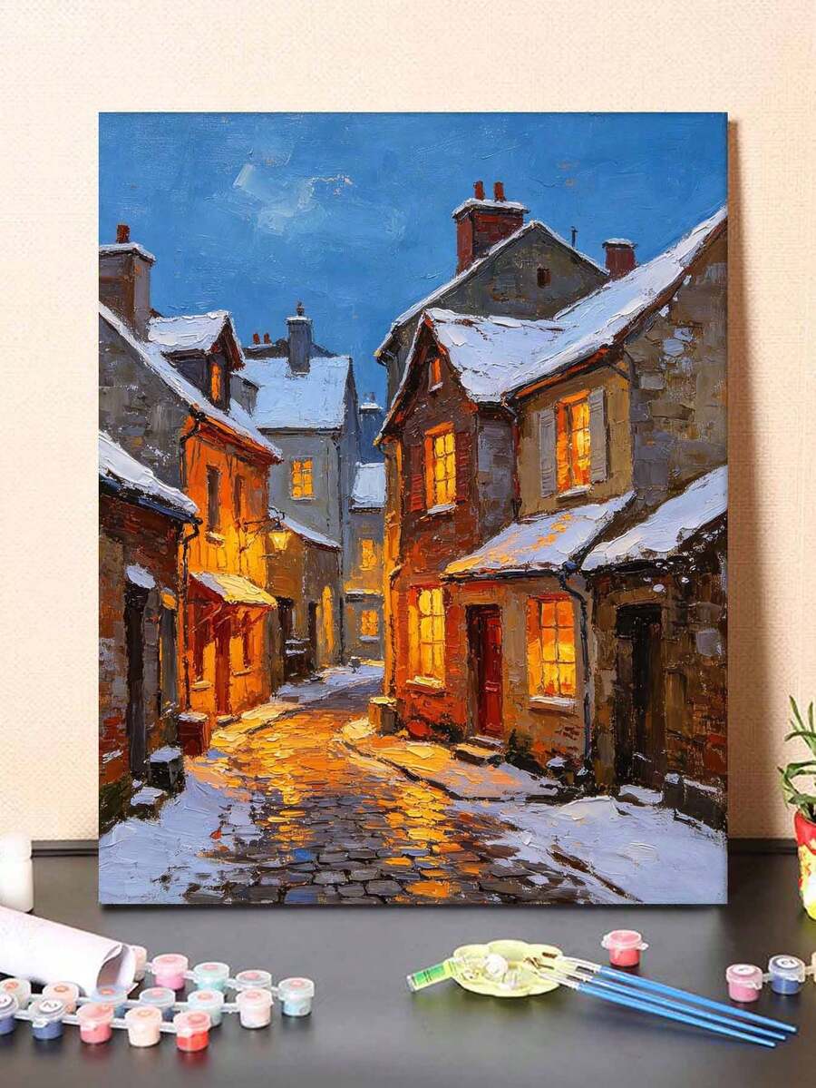 Paint By Numbers Winter Street Scene Kit For Adults Frameless Acrylic Canvas Art, DIY Home Decor, Great Gift Idea For Birthdays, Holidays Gifts.