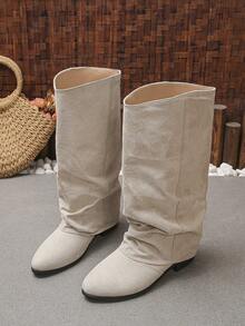 Minimalist Pleated Tall Riding Boots, Relaxed Slouchy Shaft Design, Suitable For Daily Wear And Outings, Can Be Used As Christmas And Halloween Costume Accessories - Beige Suede - View 7