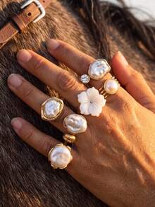 6Pcs Irregular Baroque Pearl & Flower Open Ring Set, Gold Tone Stackable Adjustable Rings For Women Daily Party Jewelry - Multicolor - View 2