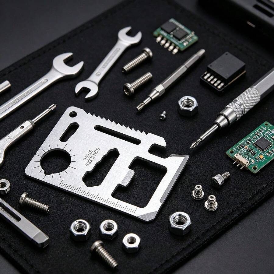 Kartu Multi-Tool Stainless Steel 11-in-1 - Perlengkapan Bertahan Hidup Portabel EDC dengan Pembuka Botol, Kunci Pas, Gergaji, Penggaris - Aksesori Multifungsi untuk Berkemah dan Berburu di Luar Ruangan - Kartu Alat - View 1