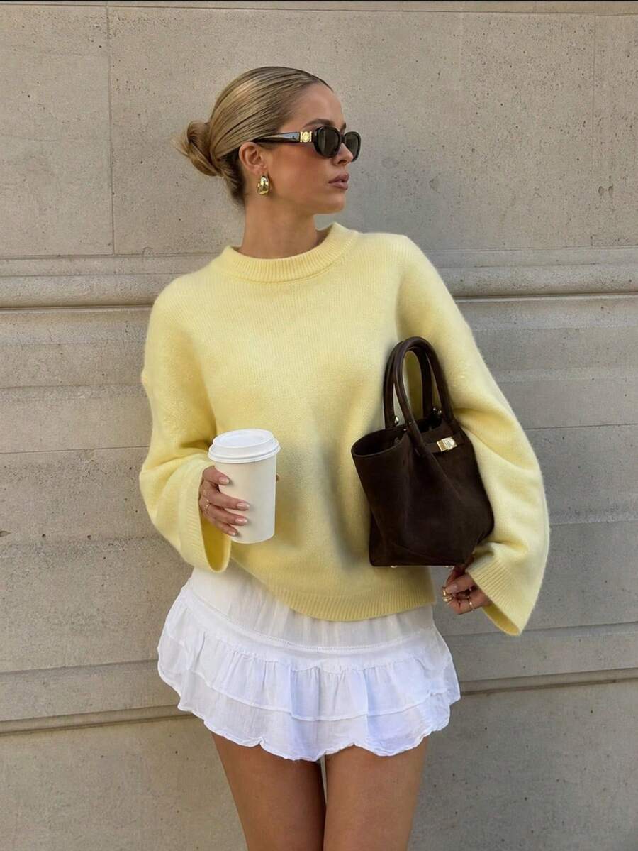 FOR BEAUTY Women's Y2K Yellow Solid Color Round Neck Cold Shoulder Loose Knit Sweater, Elegant Casual Minimalist Style, Suitable For Outings, Autumn Sweater - Light Yellow - View 1