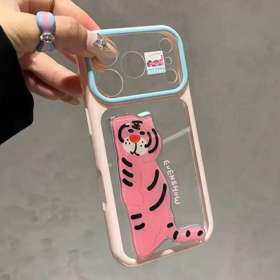 Cute Animal Stand Phone Case Compatible With IPhone 17/18/16 Pro Max Apple 14/15 Phone Case New Phone Protective Cover - Pink - Laying Tiger XKF + Stand - View 1