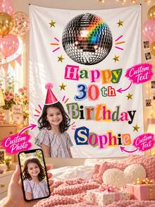 Personalized Custom Photo Birthday Tapestry For Girls, 90g Soft Brushed Fabric Wall Hanging, Custom Name And Age Party Banner Decor, Colorful Disco Ball Birthday Backdrop For Bedroom, Party Decoration Gift - Multicolor - View 2