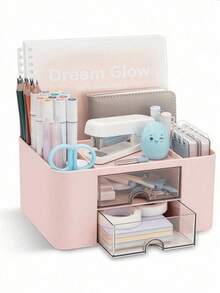 Desktop Organizer, With 2 Drawers, Desktop Multi-Functional Pen Holder, Desktop Organizer And Storage With 5 Compartments, Office Desktop Organizer - Multicolor - View 3