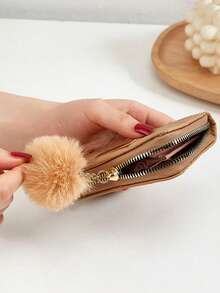 Short Pom Pom Wallet, Minimalist Fashion Coin Purse, Student Quilted Card Holder, Plush Ball Bag - Multicolor - View 3