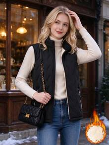 Women's Black Fleece Lined Sleeveless Jacket, Pair Of Diagonal Seam Zipper Vest, Multiple Colors Available, Suitable For Winter Daily Wear - Black - View 3