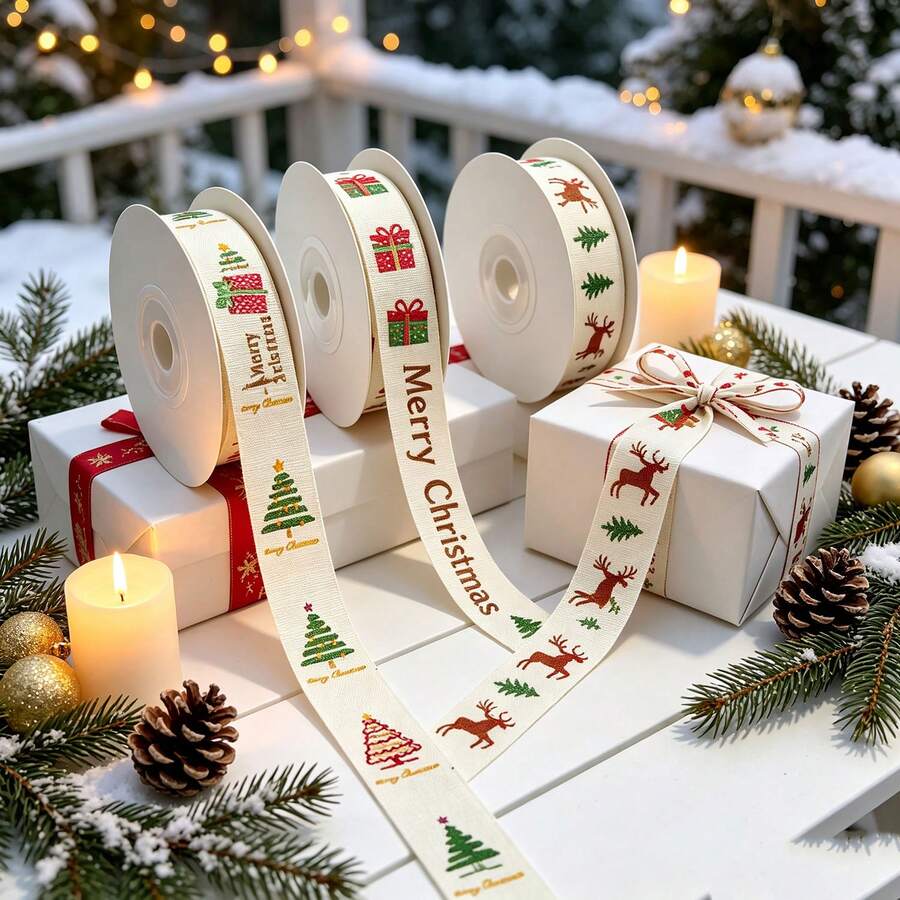 3/1 Christmas Gift Wrapping Ribbon, Vintage Holly Print Ribbon, Suitable For Decorating Christmas Party Supplies, Holiday Party And Celebration Bow Decorations, Also Suitable For Sewing DIY Handmade Crafts - Multicolor - View 1