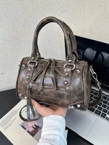 復古龐克機械風大容量辦公PU皮革女款手提包，單肩與腋下包，新款托特包 - 咖啡 - 查看 3