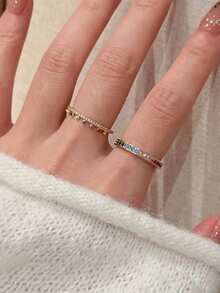 2pcs Fashionable Elegant Cubic Zirconia Oil-Drip Crown Ring Set Suitable For Women's Party And Gathering - Yellow Gold - View 8