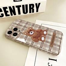 1PC Vintage Houndstooth Plaid Plush Bear English Phone Case Compatible With IPhone17/17Pro/17ProMax/16/16Plus/16ProMax/16e/15ProMax/11/12/12Pro/12ProMax/13/13Pro/13ProMax/14/14Pro/14ProMax Full Coverage Anti-Drop Soft Shell - Film-fine Hole - View 4