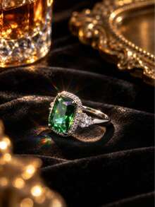 1pc Luxury High-End Copper Material Rectangular Cushion Shaped Colorful Gemstone Ring, Women's Evening Party Wedding Dress Accessory - Multicolor - View 1