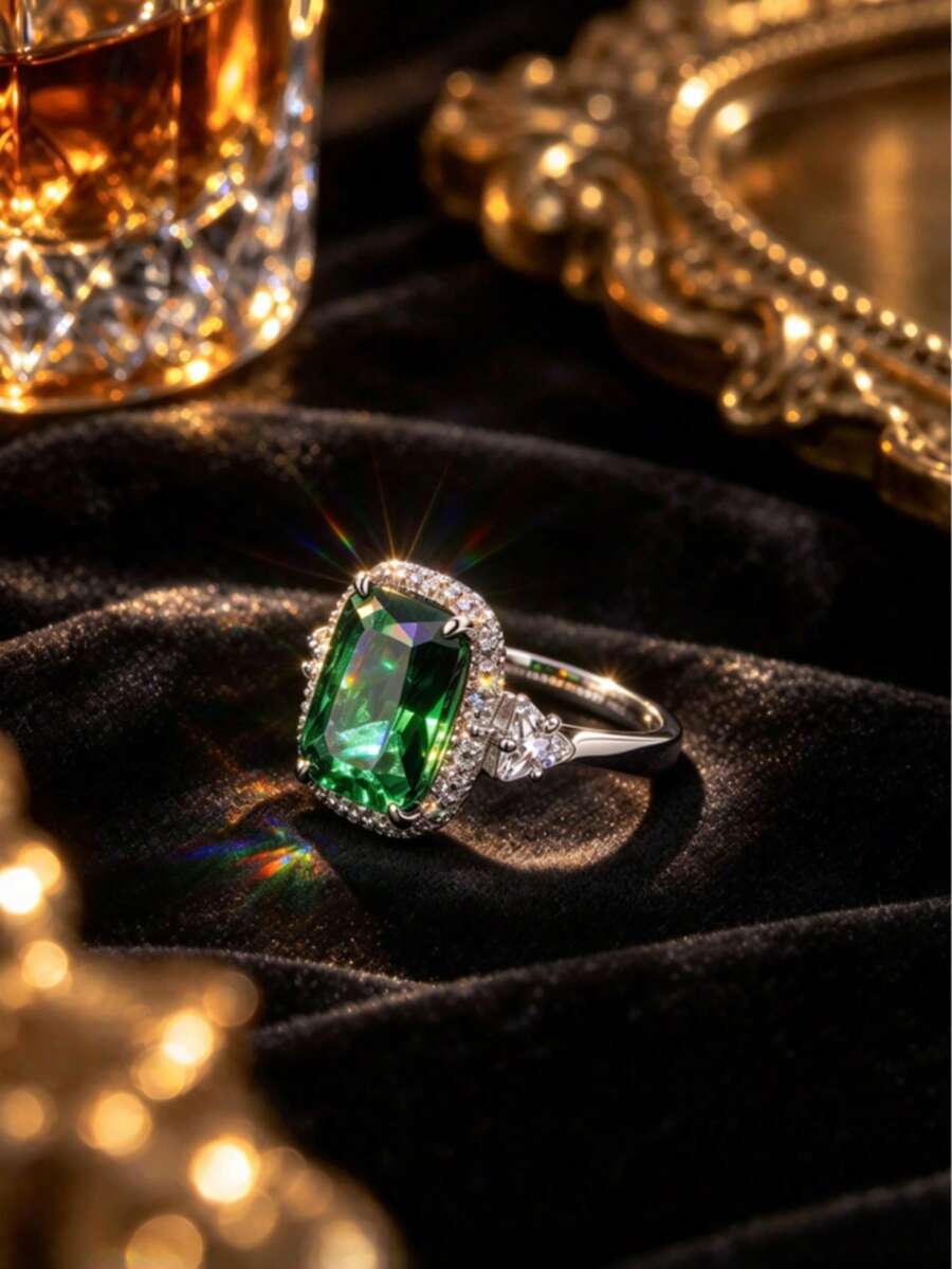 1pc Luxury High-End Copper Material Rectangular Cushion Shaped Colorful Gemstone Ring, Women's Evening Party Wedding Dress Accessory - Multicolor - View 1