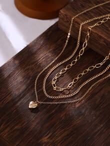Nooxian 3件組 Heart Box  時尚極簡心形閃亮立方鋯石吊墜多層可疊戴項鍊 Choker 毛衣鍊飾 女款珠寶禮物 - 金黃色 - 查看 3