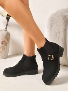 Women's Vintage Metal Square Buckle Decor Ankle Boots, Chunky Mid-Heel Thick Sole Ankle Boots For Daily Wear And Versatile Styling - Black - View 1