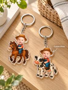 Custom Kids Photo Denim Farmer Keychain, Personalized Baby Portrait Acrylic Key Ring, Farm Horse Cow, Country Farm Souvenir, Gift For Mom, Grandma, Baby Shower - Mocha Brown - View 3