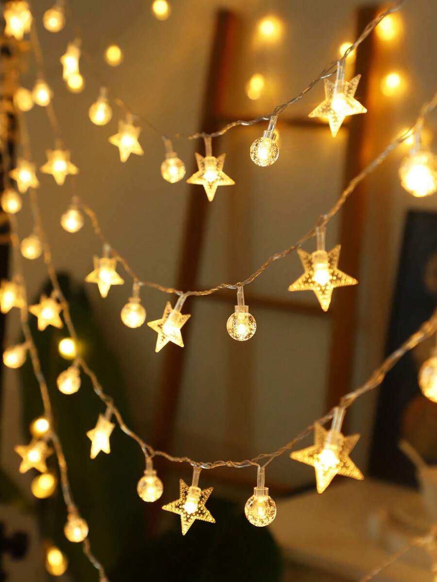 1pc 1.5/3/6m LED Crystal Star Shaped String Light, Christmas Indoor Room Decor Light String, Battery Powered, Bubble Ball Star Shaped Fairy Light, Suitable For Living Room, Camping Tent, Birthday Party,Wedding Decor Light, Christmas Decor Light