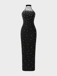 Elegant Date Party Faux Pearl Decor Halter Neck Dress - Black - View 7