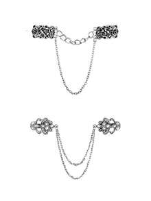 2/4Pcs Vintage Alloy Shawl Clips With Chain, Maple Leaf & Floral & Round Pattern Sweater Cardigan Collar Clasp, Autumn Winter Retro Clothing Accessory - Silver - View 10