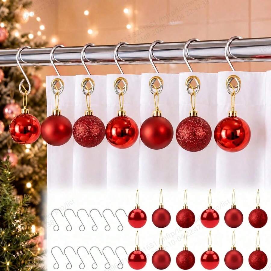 OBOVAY 24Pcs Christmas Red Ball Shower Curtain Hooks Set, Decorative Xmas Shower Curtain Rings, Christmas Bathroom Decor, Winter Home Decor, Christmas Tree Hanging Ornaments,Smooth Sliding Design, Fit Most Shower Curtain Rods, Easy To Install And Remove. - Multicolor - View 1