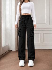 Women's Elastic Waist Drawstring Cargo Pants, Casual Loose Wide Leg Multi-Pocket Straight Leg Long Pants, Street Style Outdoor Trousers - Black - View 5