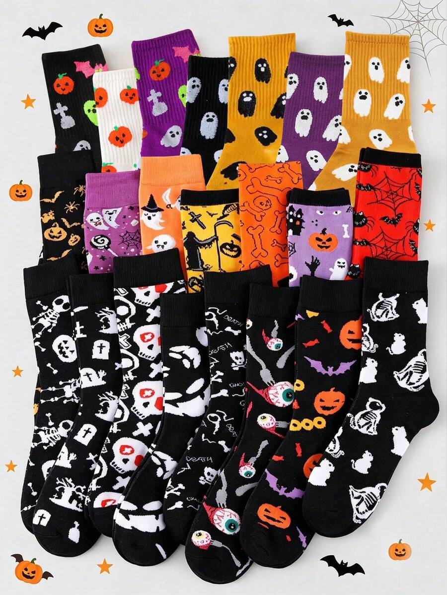 5 Pairs Women's Random Halloween Theme Mid-Calf Socks With Funny Ghost, Pumpkin, Skull, Bat Patterns For Holiday Party Outfits - Multicolor - View 1