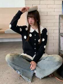 Women's Black Polka Dot Knit Cardigan Sweater, Casual Versatile Winter Outfit Top - Black - View 6
