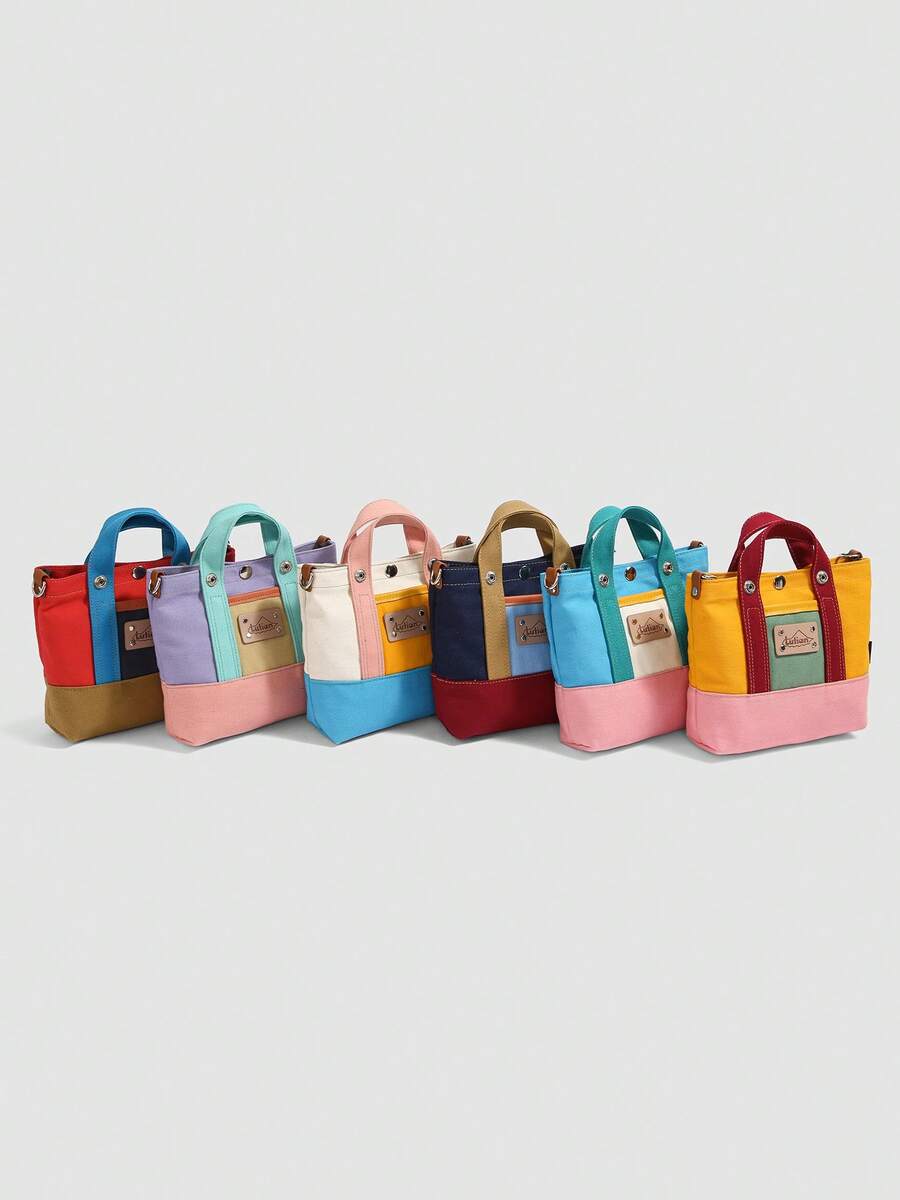 1pc Boys Girls Colorblock Canvas Magnetic Closure Casual Tote Crossbody Bag Suitable For All Seasons Daily Use