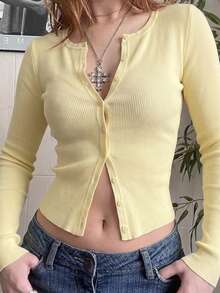 NOIRLYN Women's Autumn/Winter Y2K Sexy Slim Fit Top, Cream Yellow Button Front Crew Neck Long Sleeve T-Shirt, Suitable For Daily Wear - Light Yellow - View 5