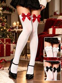 Kaos Kaki Selutut Wanita Gaya Sweet Lolita, Dekorasi Pita Lucu, Kaos Kaki Panjang Elastis Lembut, Cocok untuk Seragam JK, Cosplay, Pesta, dan Pemakaian Sehari-hari - Putih - View 1