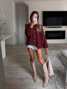 FOR BEAUTY Women's Autumn/Winter Cardigan, Y2K Fashion Red Round Neck Front Button Knit Jacket, Basic Business Casual Commute Outerwear Set - Burgundy - View 3