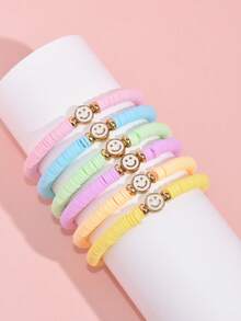 6pcs/Set Gelang Persahabatan Elastis Manik-manik Tanah Liat Lembut Warna Permen Lucu untuk Anak Perempuan, Liontin Wajah Tersenyum, Hadiah Pesta Sehari-hari - MultiWarna - View 5