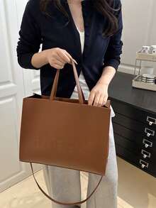 1pc PU Minimalist Retro Large Capacity Tote Bag For Women, New Casual Fashion Shoulder Bag For School And Commuting - Brown - View 3