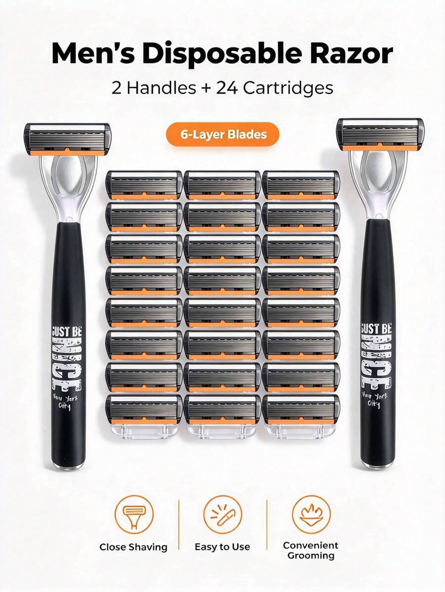 Matte Manual Razor Set, 2 Handles + 24 Replacement Blades, Non-Slip Ergonomic ABS Handle, Gentle And Smooth Shaving, Portable Men's Daily Use Shaving Kit - Multicolor - View 1