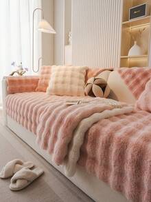 1 Piece Thickened Plush Jacquard Sofa Cover For Winter - Modern Style, Anti-Slip, Pet-Friendly, Soft Thicken Faux Rabbit - Suitable For Decorating Sofas In Living Rooms, Bedrooms, Offices, Fits 1-4 Seater Sectional Sofas, Home Decor ﻿ - Pink - View 4