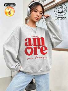 2026 Fall & Winter Women's Custom Loose Heather Grey Fleece Pullover, Red "Mia Amore Per Favore" Print With Heart-Shaped "O", Y2K Style - Floral Gray - View 1