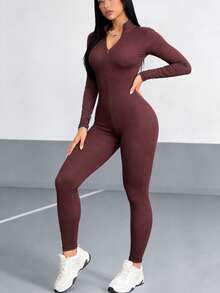 VENORA Women's Ribbed Zip Front Collared Long Sleeve Jumpsuit, Bodycon Fit, Birthday Party Festival Going Out Outfit ,Daily,Fall,Y2K,Casual,Basic - Brown - View 5