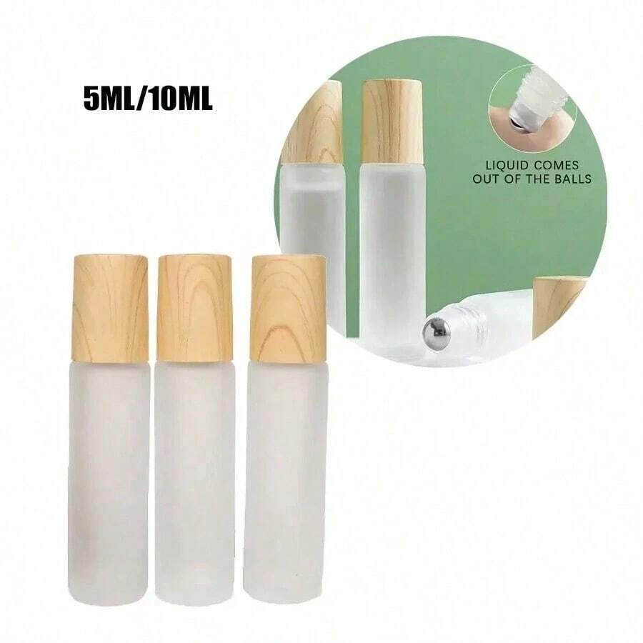 1PC 5/10ml Frosted Glass Roller Bottle Wood GrainPlastic Cap For Essential Oils Roll-On Refillable PerfumeBottle Roller Ball Empty - Multicolor - View 1