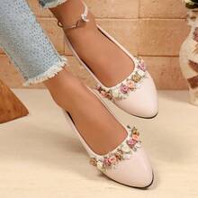 Women's Pointed Toe Soft PU Flat Shoes, Peony Flower Decor Wedding Shoes - Apricot - View 5
