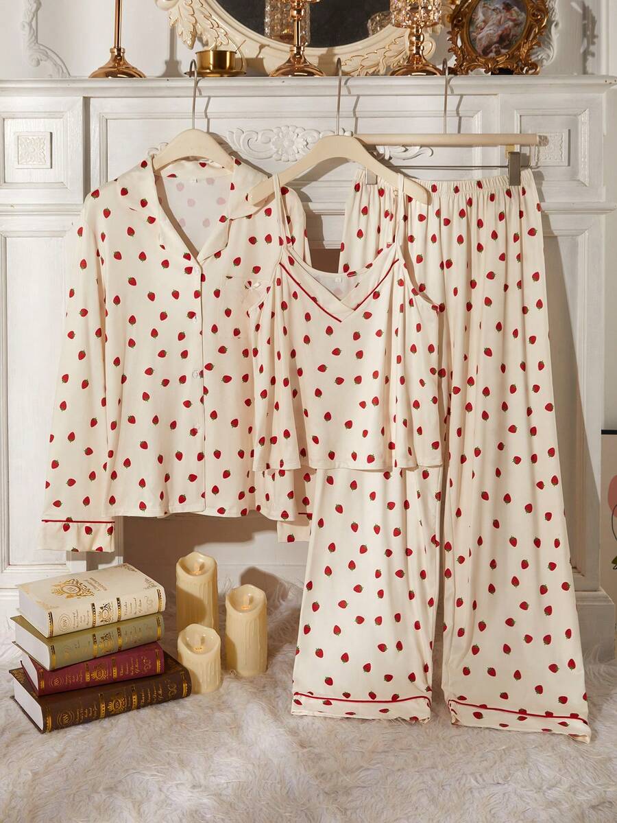 3pcs Set Autumn/Winter Strawberry Pattern Trim Front Button Lapel Long Sleeve Top, Camisole Top, Long Pants Women's Pajama Set - Beige - View 1