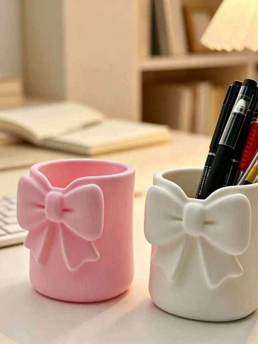 1pc Cute 3D Bow Pen Holder, Multi-Functional Desktop Storage Box, Can Hold Pencils, Makeup Brushes, Desktop Decor, Home Office Student Stationery - Multicolor - View 1