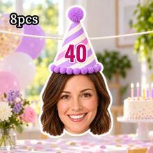 8/16/24pc Custom Face Photo & Text Birthday Banner, Personalized Portrait Cutout Bunting Garland With Number Party Hat, Milestone Birthday Party Decor,Photograph Backdrop - Multicolor - View 12