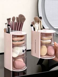 1pc Rotating Multi-Layer Makeup Brush Holder, Transparent Compartment Makeup Sponge & Powder Puff Storage Box, Multi-Functional Cosmetic Organizer For Vanity Desk - Multicolor - View 3