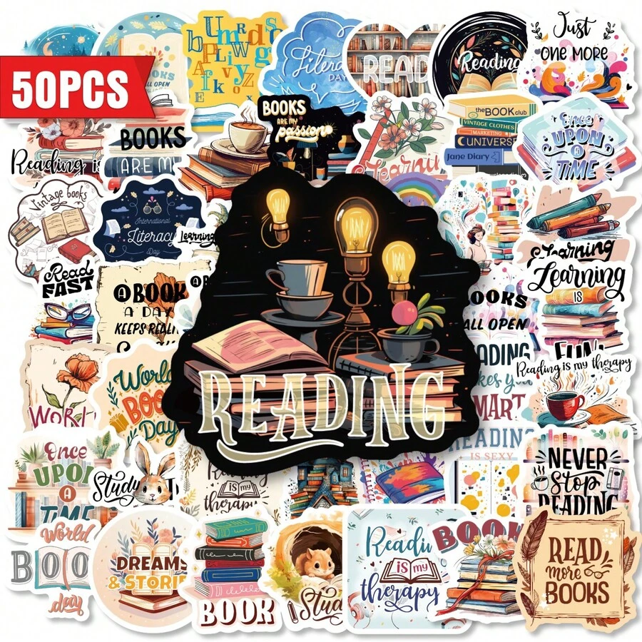 50pcs-Reading Book Lover Text Stickers, Study & Reading Hobby Quote Decals, Waterproof Decorative Stickers For Journal, Laptop & Tablet, Bookish Aesthetic DIY Craft Sticker Pack, Ideal Gift For Birthday, Halloween, Christmas - Multicolor - View 1